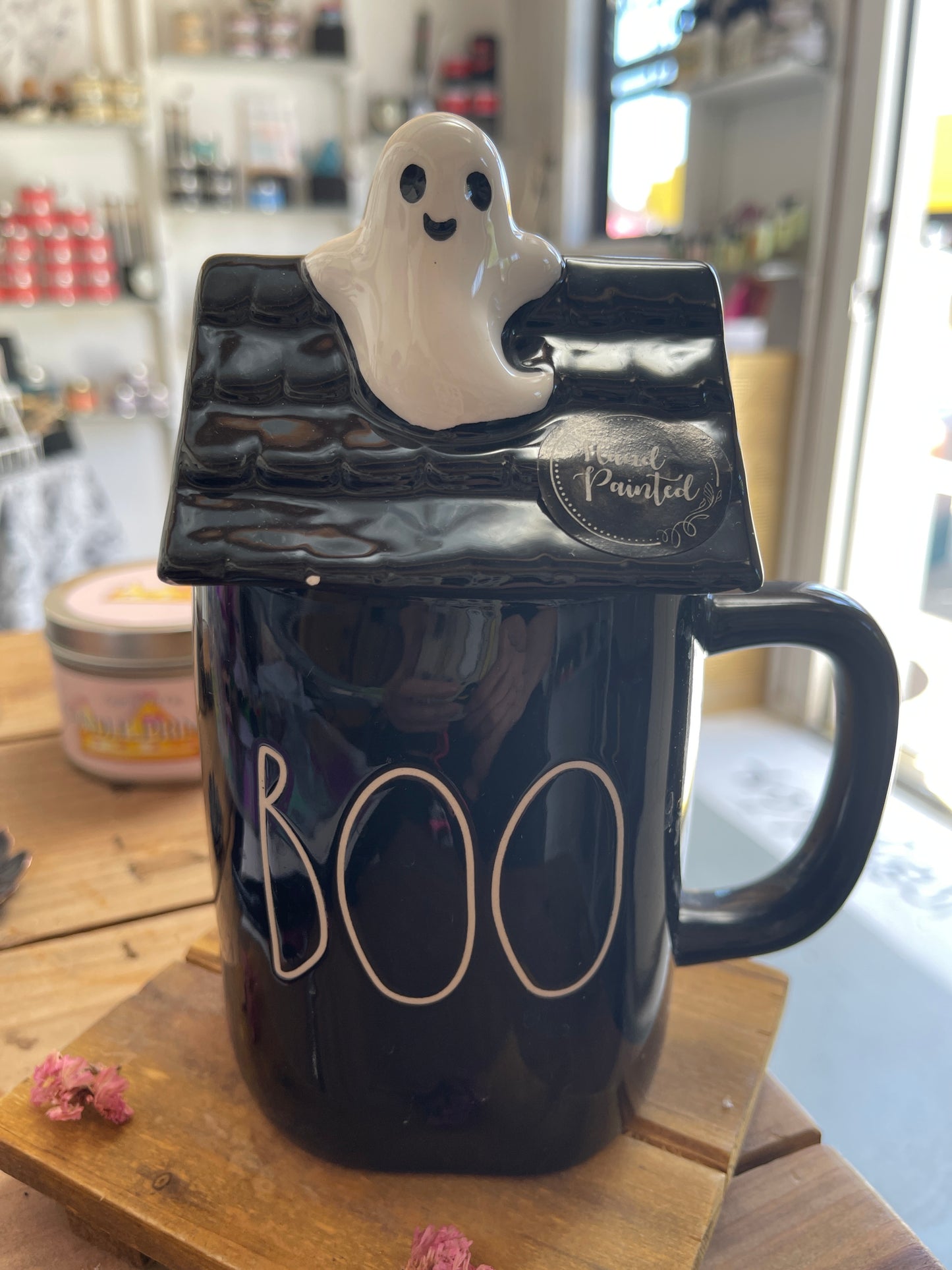 Ghost on roof oh my Halloween is here at last xl mug by Rae Dunn
