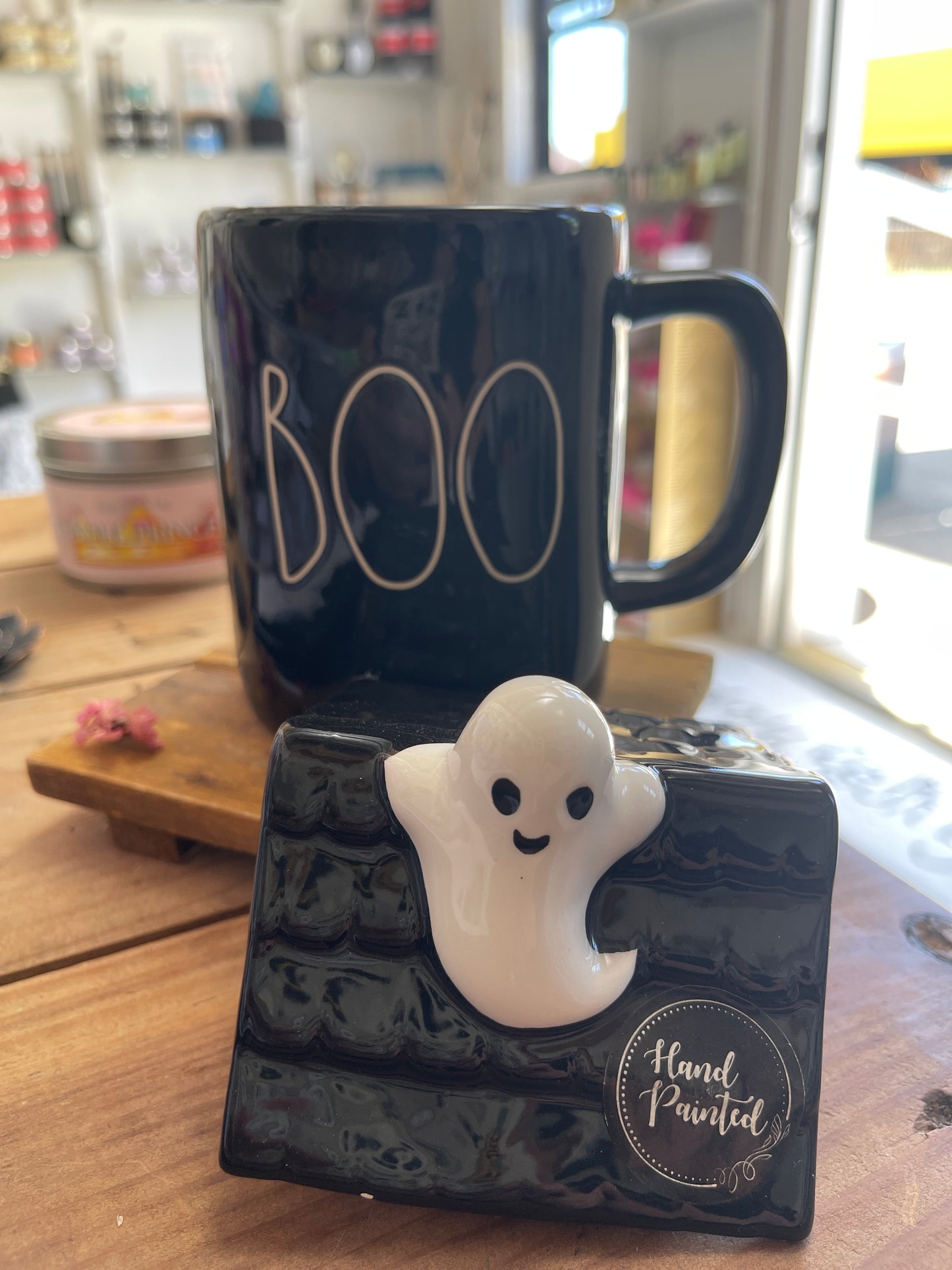 Ghost on roof oh my Halloween is here at last xl mug by Rae Dunn